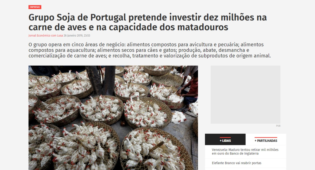 Grupo SOJA DE PORTUGAL pretende investir dez milhões na carne de aves e na capacidade de matadouros
